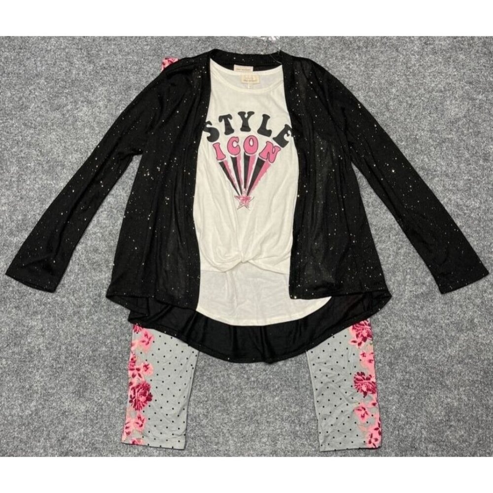 Self Esteem 3 Piece Tank Top Cardigan Pants Set Girls XL White Black Stretch New